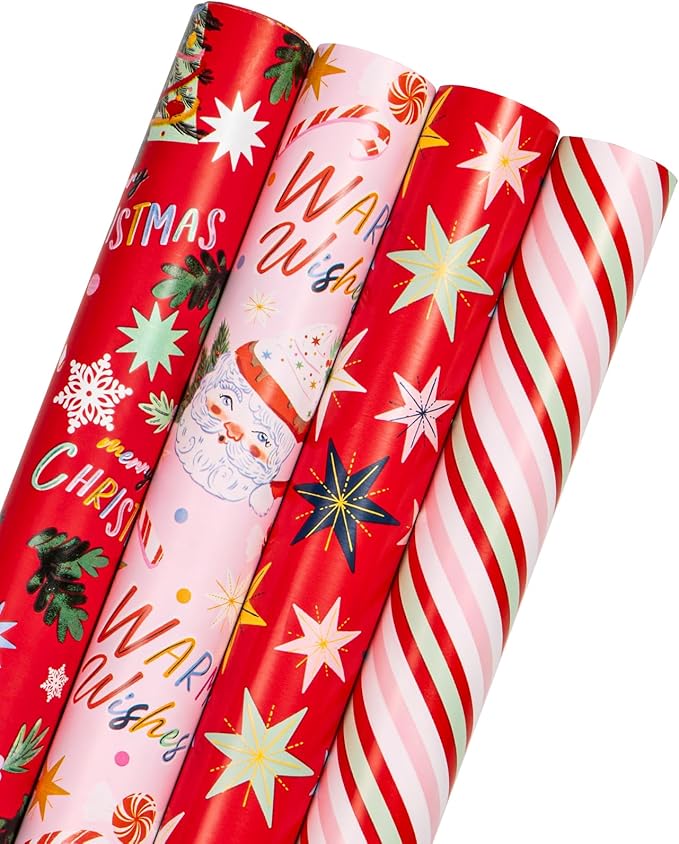 WRAPAHOLIC 30 Inch Christmas Wrapping Paper Roll - Jumbo Roll Red and Pink Santa Claus Cup, Christmas Tree Holiday Design - 4 Rolls - 30 Inch x 120 Inch Per Roll