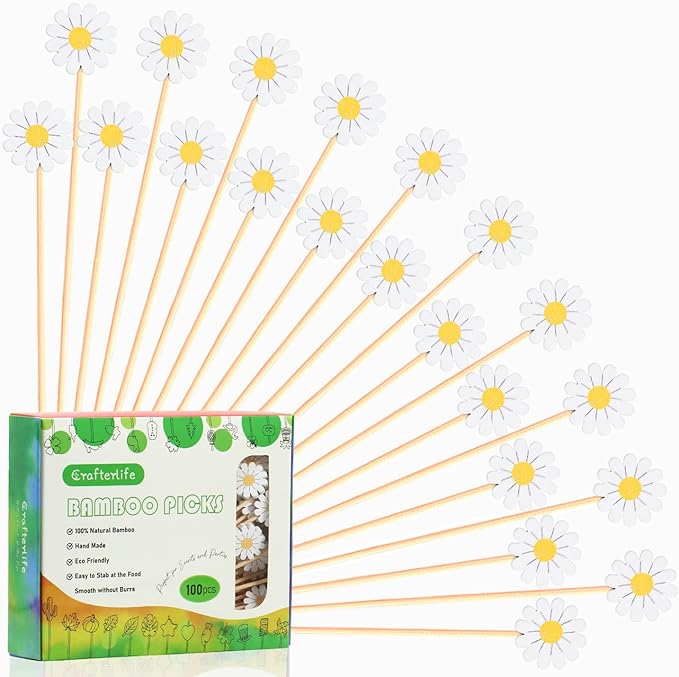 Daisy Cocktail Picks Springtime Floral Decorative Toothpicks Fruit Sticks Food Sandwich Appetizer Charcuterie Skewers, for Spring Flower Sunflower Daisy Decorations Boho Groovy Party Supplies