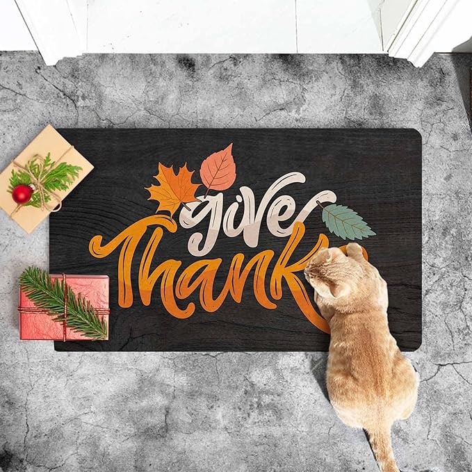 InterestPrint Fall Thanksgiving Welcome Door Mat, Give Thanks Decor for Covered Outdoor Area Fall Maple Leafs Decor Welcome Mat for Autumn Halloween Thanksgiving Farmhouse Decor