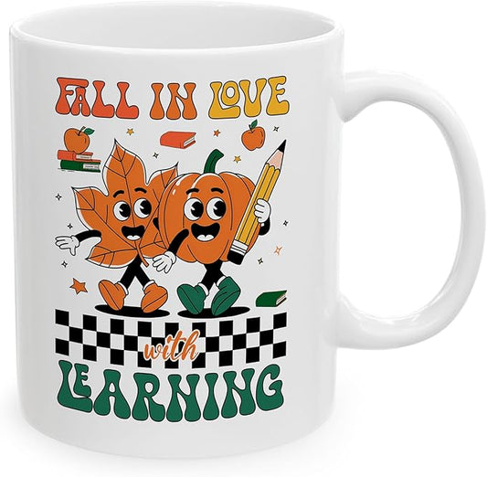 Fall In Love With Learning Thanksgiving White Mugs, 11oz 15oz Drinking Cups, Autumn Seasonal Gifts
