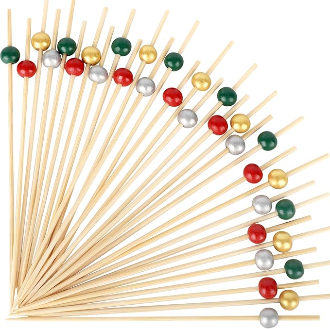 200PCS Christmas Cocktail Picks, Fancy Bamboo Toothpicks for Appetizers Drinks Food Fruit, 4.7 IN Wooden Pearl Skewers Charcuterie Sticks, Christmas Party Supplies Decorations (Red/Green/Gold/Silver)