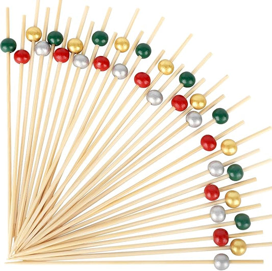 200PCS Christmas Cocktail Picks, Fancy Bamboo Toothpicks for Appetizers Drinks Food Fruit, 4.7 IN Wooden Pearl Skewers Charcuterie Sticks, Christmas Party Supplies Decorations (Red/Green/Gold/Silver)