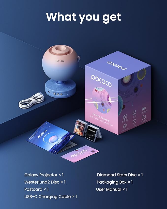 POCOCO Galaxy Star Projector for Bedroom with Replaceable Optical Film Discs, Home Planetarium Night Light Projector with High-Definition Soft Light for Relax, Study, and Meditate, Stress Relief Gifts