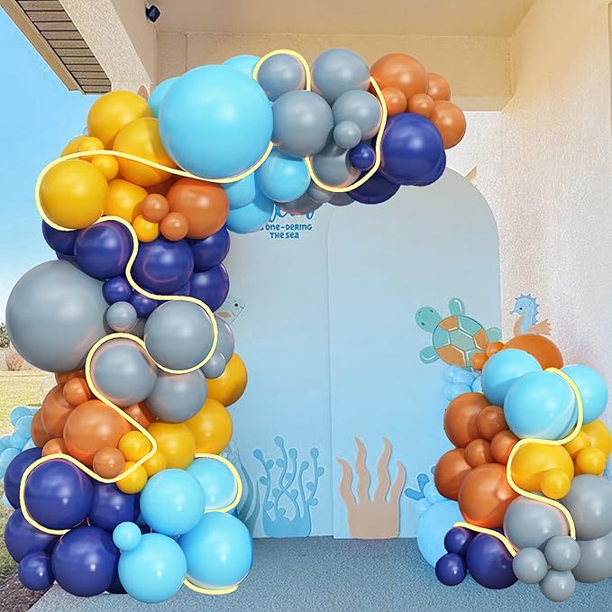 Blue and Orange Balloons Arch Navy Royal Dark Blue Yellow Orange Balloons Garland for Puppy Dog Birthday Decorations Dusty Yellow Blue Light Blue Latex Balloons Graduation Baby Shower Supplies