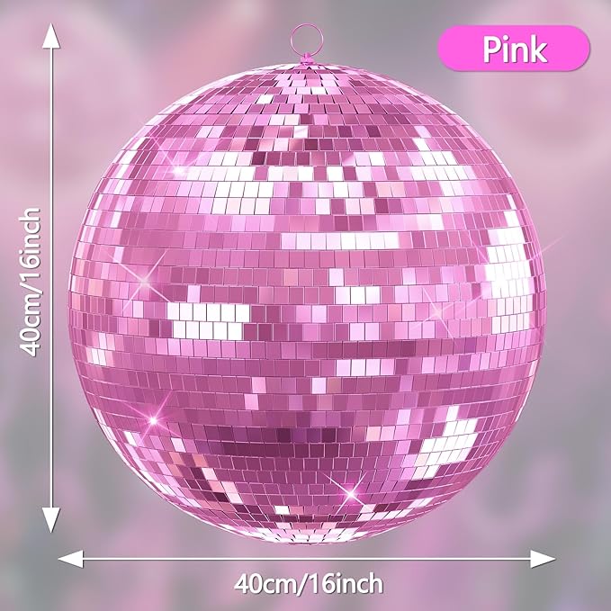 Mirror Disco Ball with Hanging Ring | 12"/16"/20" Mirror Disco Ball for DJ Club,Party,Wedding,Home Decor | Shiny,Easy Installation | with Hanging Ring | Golden, Pink 16inch Pink