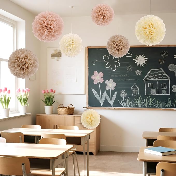 EASY JOY Boho Tissue Pom Poms Paper Flowers Hanging Decorations Brown Beige Party Decor for Bridal Shower Decorations Autumn Home Decor Baby Shower Wedding Nursery Birthday Backdrop 15PCS