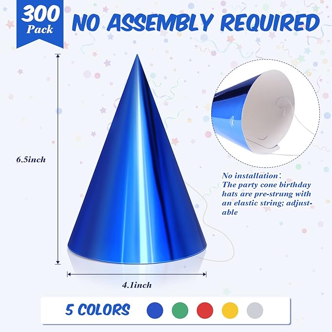 Geosar 300 Pcs Birthday Party Hats Bulk Cone Metallic Foil Paper for Adults Kids Boys girls