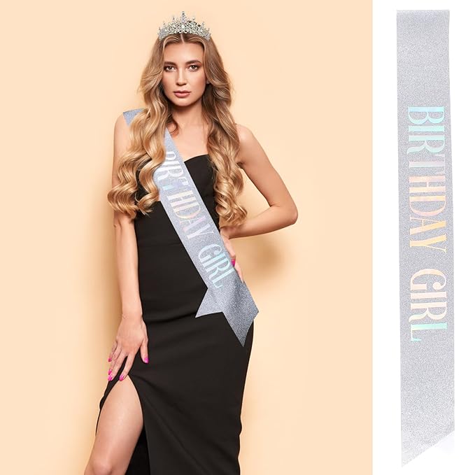 Velscrun AB Silver Crystal Birthday Tiara Crowns for Women Girls Princess Crown with Combs Birthday Girl Headband Sash Happy Birth Party Decorations Birth Gift Cake Topper Hair Accessories