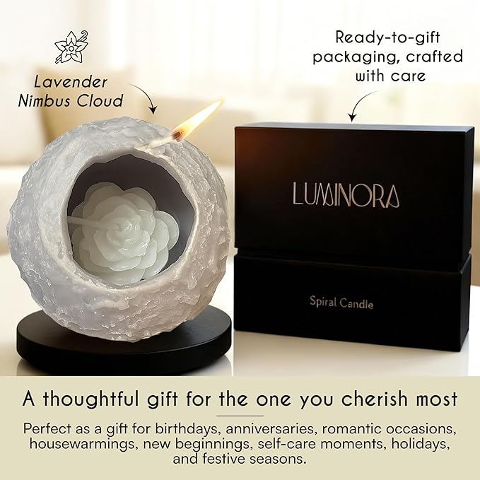 LUMINORA Unique Spiral Scented Candle | Hand-Crafted Soy Decorative Candle with Mesmerizing Spiral Burn, Twisted Wave Design & Premium Gift Box | Nimbus Cloud | Lavender Scent |