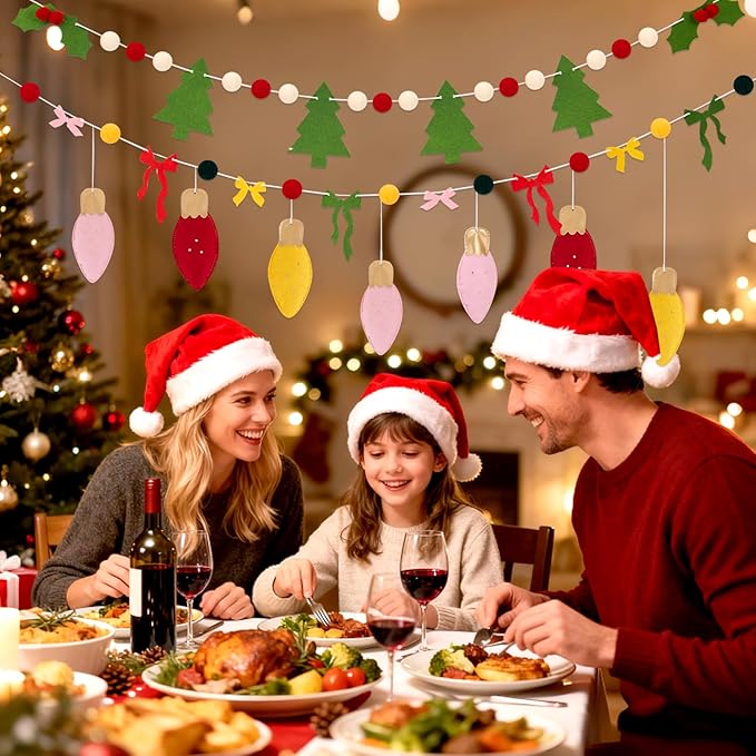 SUNBEAUTY Felt Christmas Garland Banner Pom Pom Garland Christmas Felt Xmas Tree Bells Bow Red Green White Christmas Ornaments for Wreath Home Indoor Outdoor Window Party Xmas Decorations