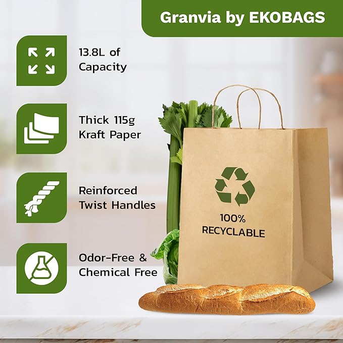 10.000 PACK | EKOBAGS | Granvia 10x7x12 inches, Kraft Paper Gift Bags with Handles | 115 GSM Brown Paper Bags for Small Business, Shopping & Party Favors | Recyclable | Holds up to 13.8L/8 lbs.