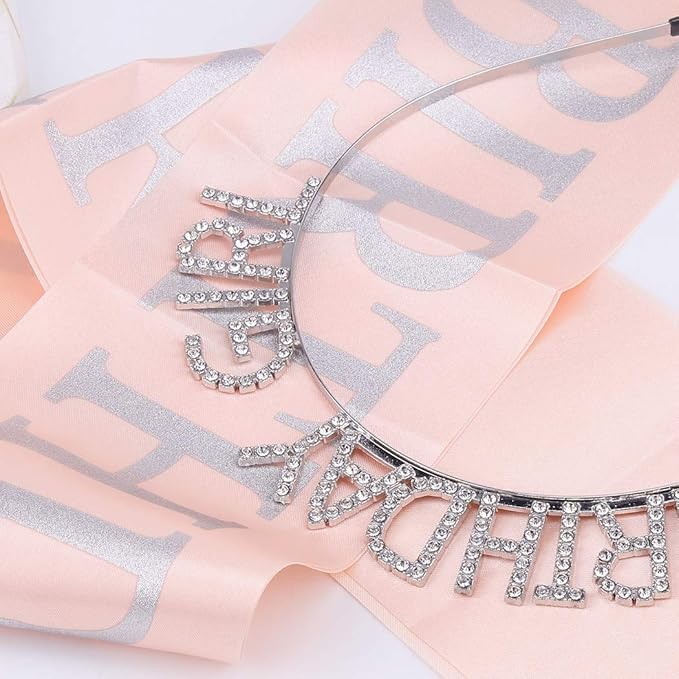 AOPRIE Birthday Girl Crown for Women with Sash Silver Happy Birthday Tiara for Women Headband Princess Crown Rhinestone Accessories