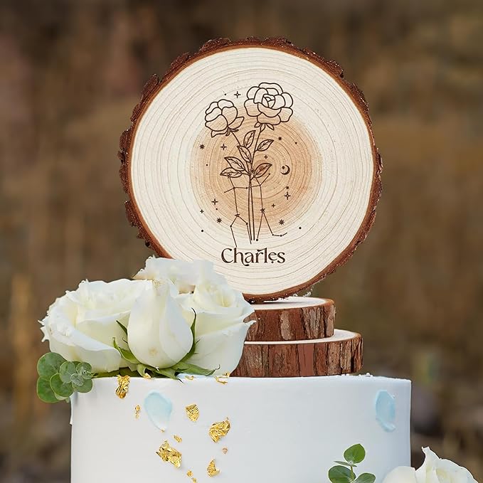Rustic Cake Topper - Personalized Birth Flower Happy Birthday Cake Toppers with Birthflower, Happy Birthday Gifts, Wood Country Cake Toppers, Birthday Keepsake, Handmade Birthday Decorations