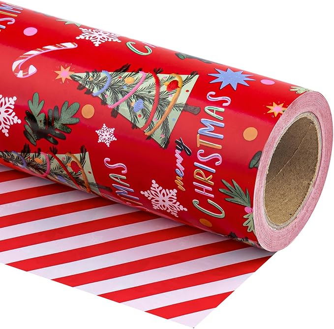 WRAPAHOLIC Reversible Christmas Wrapping Paper - Mini Roll - 17 Inch x 33 Feet - Red Christmas Tree Wrapping Paper and Stripe Design for Holiday, Party Celebration