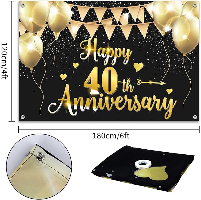 HAMIGAR 6x4ft Happy 40th Anniversary Banner Backdrop - 40 Wedding Anniversary Decorations Party Supplies - Black Gold