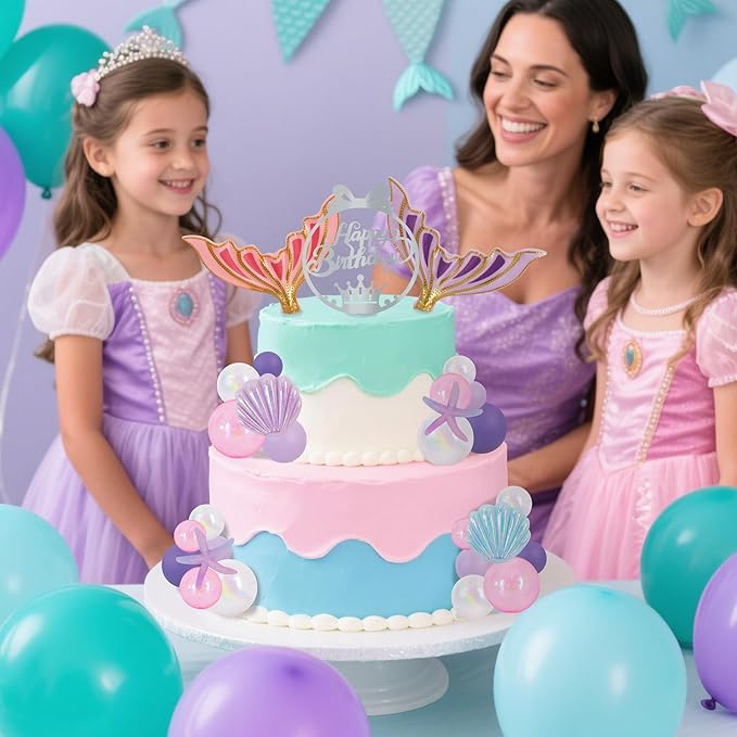 BEISHIDA 27pcs Mermaid Theme Birthday Cake Decorations 3D Tails, Silver Happy Birthday Cake Topper, Seashells & Starfish for Under The Sea Decorations Ocean Mermaid Party for Girls