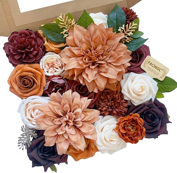 Roses Artificial Flowers Orange Bouquet Box Set Fake Flower with Stems for DIY Bridal Wedding Shower Decorations Party Table Centerpieces Faux Silk Floral Arrangement for Home Decor Indoor