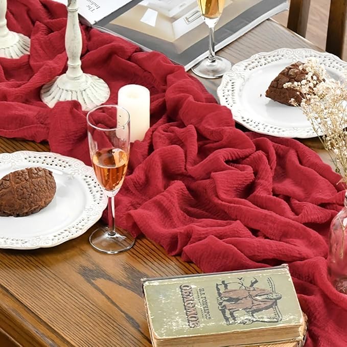 Artoid Mode Boho Gauze Red 3 Pieces Wedding Table Runner, 120 Inch Cheesecloth Christmas Fabric Kitchen Dining Holiday Table Decor for Home Party Indoor