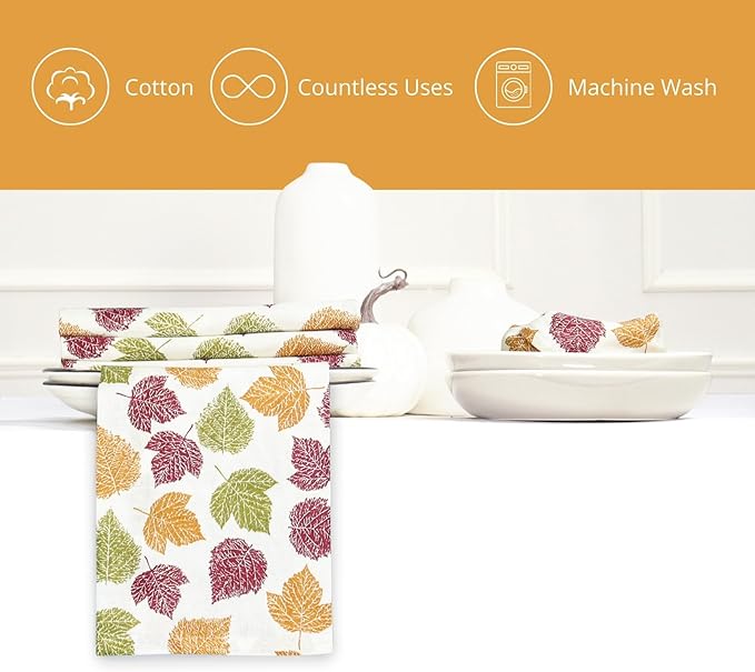 PurpleEssences Fall Harvest Decor Thanksgiving Napkins, 18x18 Fall Cloth Napkins Set of 6, 100% Cotton Fall Leaves Dinner Napkins for Farmhouse Kitchen, Autumn Leaves