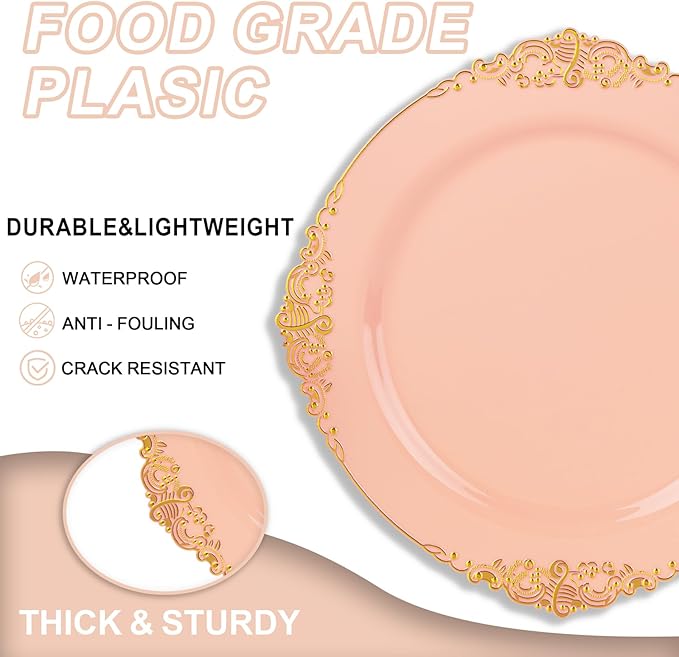 125PCS Peachy Pink Plastic Plates - Elegant Pink and Gold Dinnerware Set - Heavy Duty Disposable Plates with Gold Silverware Sets for 25 Guests for Wedding & Party & Bridal Shower