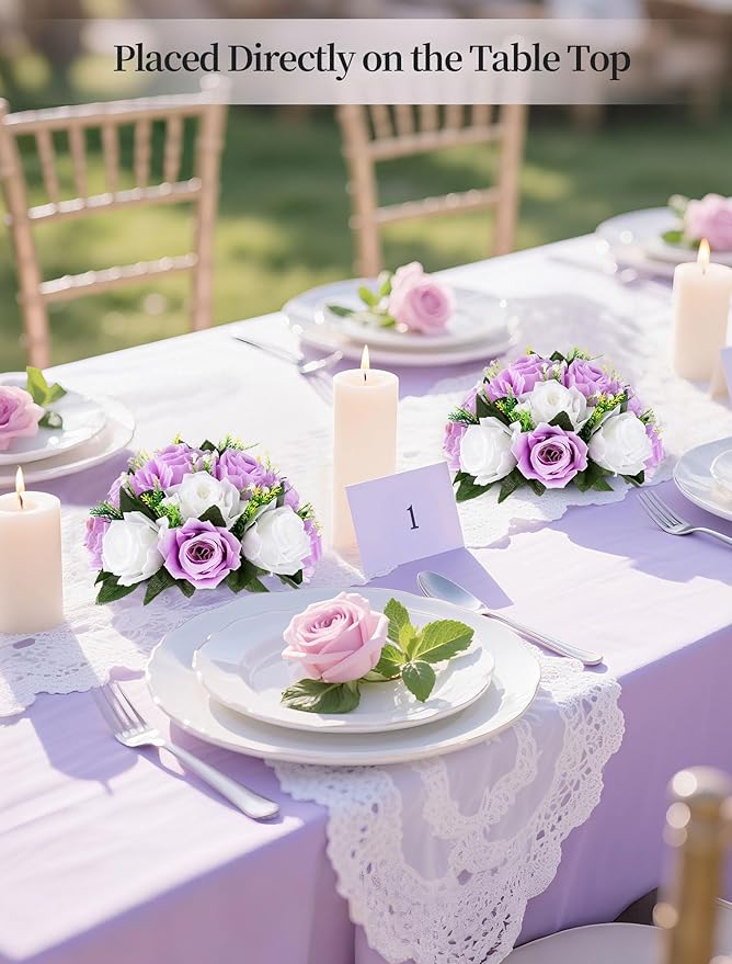 BLOSMON Purple Flowers Ball for Centerpieces: 6 Pcs Fake Lilac White Roses Flowers for Wedding Dinning Table - Faux Silk Kissing Bouquet with Base Floral Arrangement for Home Party Event Decor