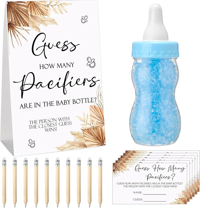 Roowest 512 Pcs Baby Shower Games Guess How Many Pacifiers Sign 100 Small Guessing Games 10 HB Pencils 750ml Milk Bottle 400 Acrylic Pacifiers Decoration for Guest Gender Reveal(Blue,Boho)
