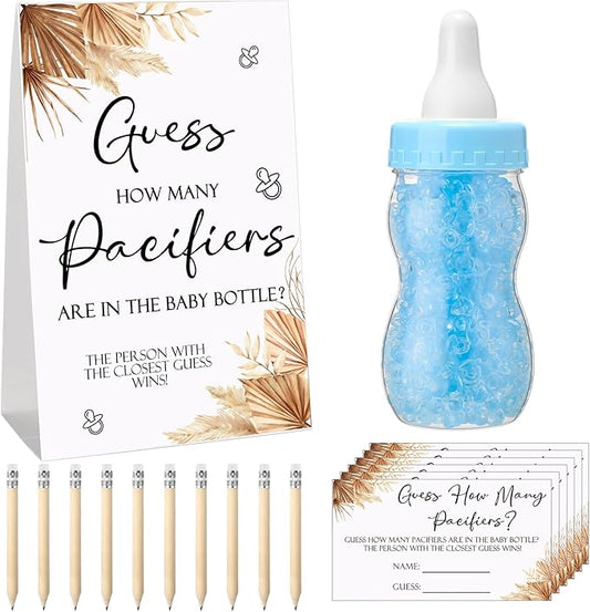 Roowest 512 Pcs Baby Shower Games Guess How Many Pacifiers Sign 100 Small Guessing Games 10 HB Pencils 750ml Milk Bottle 400 Acrylic Pacifiers Decoration for Guest Gender Reveal(Blue,Boho)