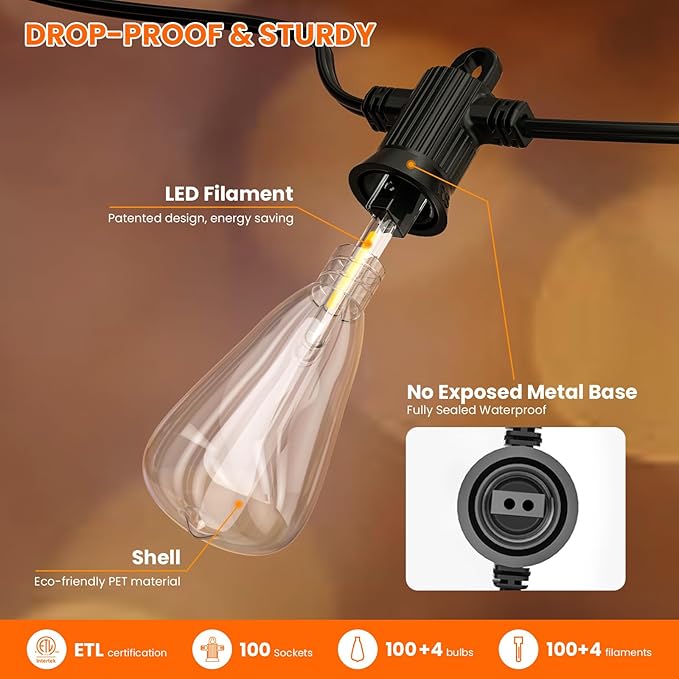 KAWAYA 200FT Patio String Lights: 100+4 Dimmable Waterproof Shatterproof LED Vintage String Lights,Commercial Outdoor Lights for Porch Backyard Garden Bistro Outside Balcony Gazebo Party Cafe(100FTx2)