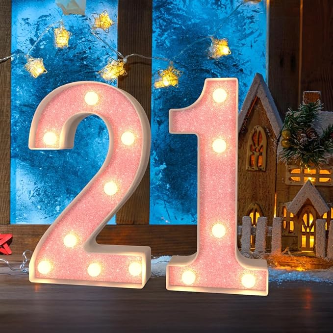 Marquee Numbers Light up LED, Pink Glitter Plastic for 21st Birthday, Graduation, Wedding, Birthday (Number 21)