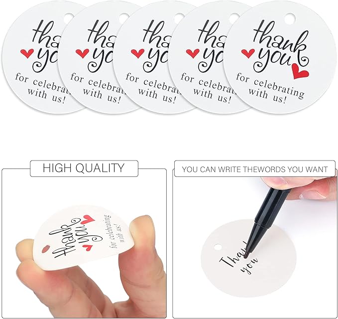 G2PLUS Thank You Tags, 100PCS Thank You for Celebrating with Us Tags, 2 in White Round Gift Tag with String for Gift Wrapping, Wedding Party Favors