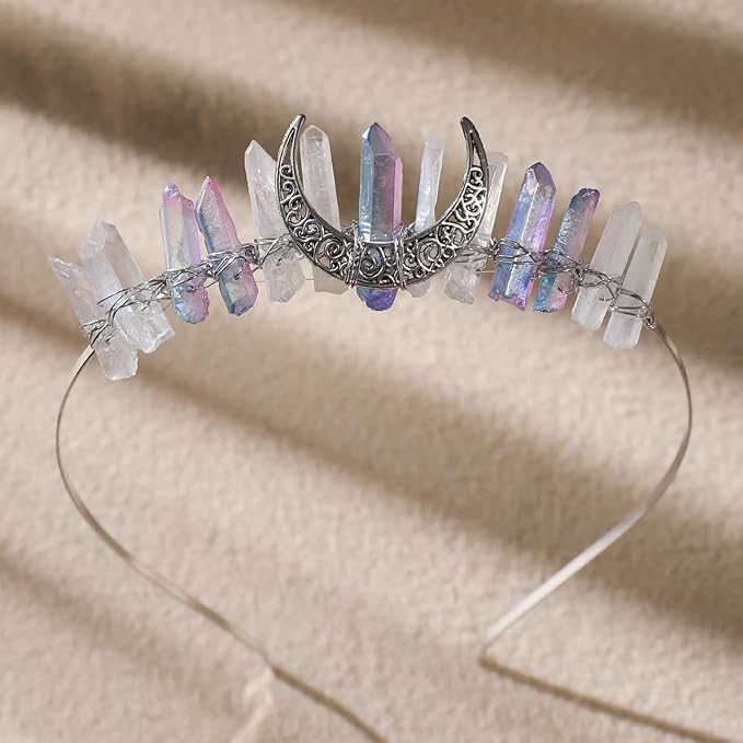 White Purple Crystal Witch Crown - Fantasy Quartz Moon Princess Headband, Gothic Fairy Queen Tiaras for Wedding Prom Quinceañera Pageant Halloween Renaissance Headwear for Women