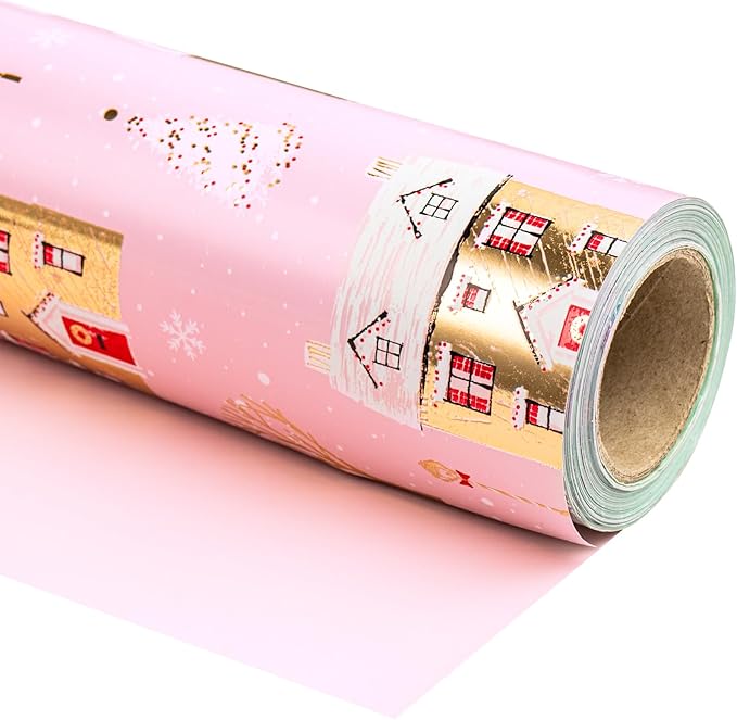 WRAPAHOLIC 30 Inch Jumbo Reversible Christmas Wrapping Paper - 30 Inch x 33 Feet - Pink House and Solid Pink Wrapping Paper with Metallic Foil Shine for Chrsitmas, Holiday, Party