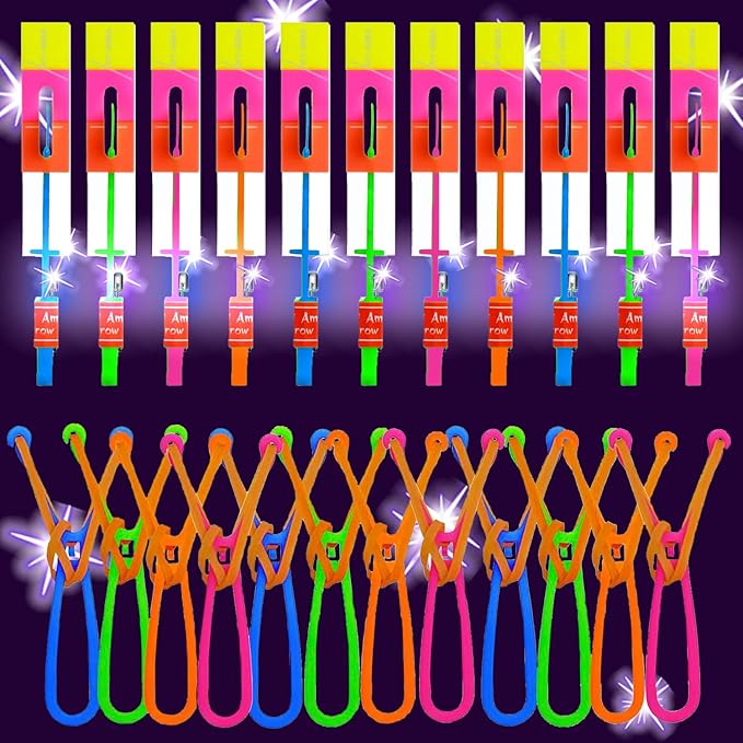 50 Pcs LED Flying Set, Flying Rocket Copters Outdoor Game Toys Glow in The Dark Party Supplies Party Favors for Kids 8-12,4-8, 25 Slingshot+25 Glow Helicopter