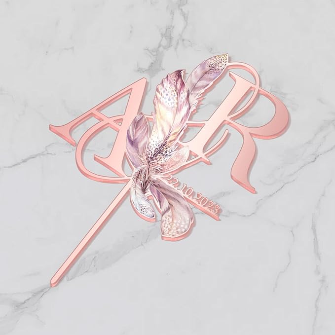 Personalized Boho Wedding Cake Topper in Acrylic Custom Bride and Groom Initial Cake Topper Wedding Date Cake Decoration (Boho Feather)