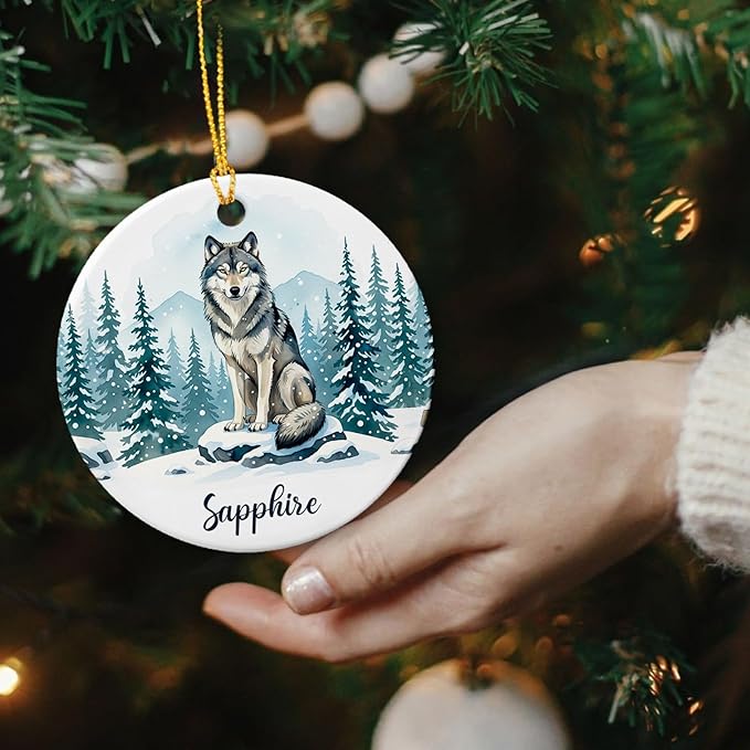 Personalized Wolf Wild Animal Ornament 2025, Winter Animal Keepsake, Gift for Friends Coworkers Him Her, Animals Decoration for Christmas Birthday Holiday, Customized Name Wolf Ceramic Ornament