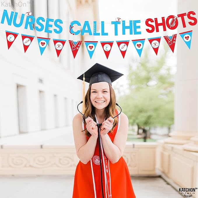 Katchon, Blue and Red Nurses Call The Shots Banner -10 Feet, NO DIY | Nurse Graduation Banner, Nurse Garland for Nurse Graduation Party Decorations | Grad Decorations 2025, nurse Party Supplies