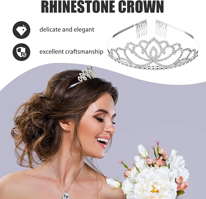 2Pcs Rhinestone Crowns:Silver Crystal Tiaras for Women Girls Princess Queen Wedding Bride Birthday Elegant Headpiece Party Prom Hair Accessories