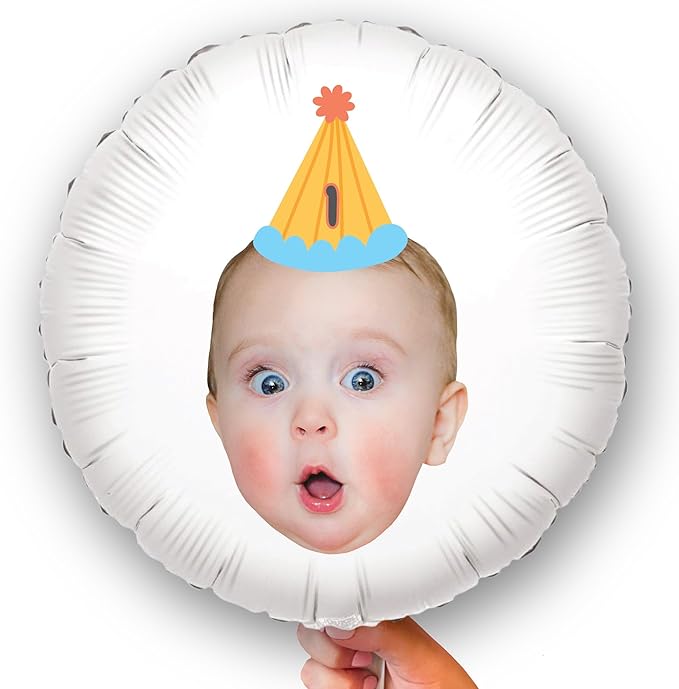 Big Dot of Happiness Personalized Party Time Happy Birthday Colorful Cone Hat Fun Face Photo Balloon, Adult & Kids Bday Party Decorations, Custom Double-Sided Circle Mylar, 1 Piece