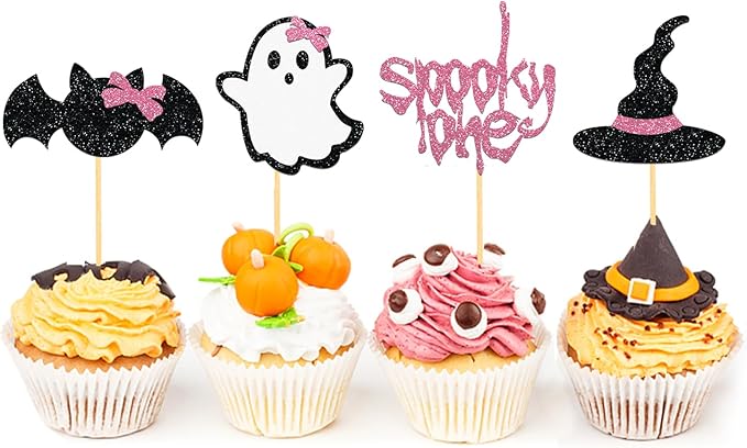 24Pcs Pink Ghost Cupcake Toppers for Halloween 1st Birthday Decorations, Spooky One Cake Picks, Bats Party Decor (Pink One)