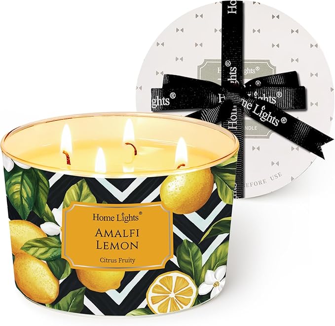 HomeLights Large jar Candle | 4-Wick Long-Lasting Scented Candles, 18oz Natural Soy Wax Candle for Home Scented, Eclectic Mixed Styles Gifts for Women & Men, Amalfi Lemon
