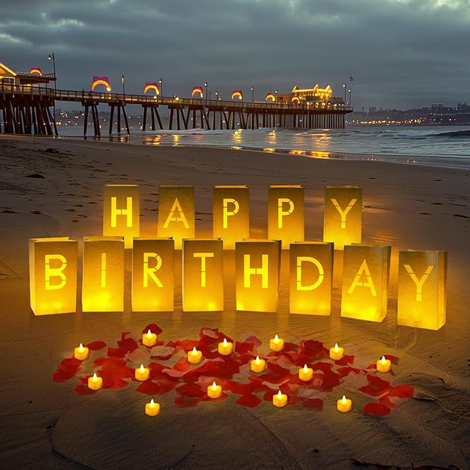 Homemory Happy Birthday Light Up Letters Luminary Bags with Flameless Candles and Fake Rose Petals, Happy Birthday Sign Party Decoration for Women Men