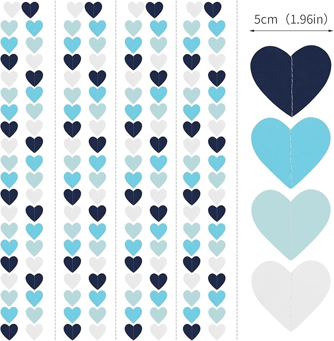 Light-Navy Blue White Party-Decorations Heart-Garland - 52ft Bridal Shower Hanging Streamers,Birthday Bachelorette Valentines Baby Wedding Engagement Under The Sea Frozen Backdrop Decor Burgleda