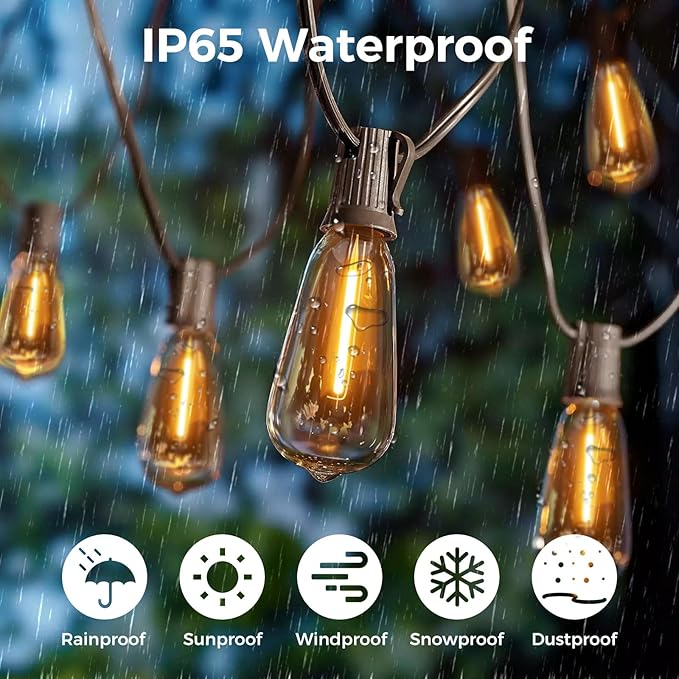 litogo 25 FT LED String Lights for Outside, Waterproof Outdoor Patio Lights with Dimmable Edison Bulbs, Warm White Hanging Light with Timer for Porch Backyard Gazebo Holiday Party