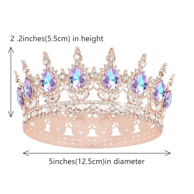 Queen Crown Rhinestone Wedding Crowns and Tiaras for Women Costume Party Hair Accessories Princess Birthday Crown Crystal Bridal Crown (Rose Gold Crown-Violet)
