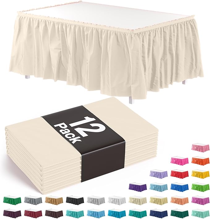 Exquisite Ruffle Table Skirt Ivory Pack Of 12, 14 Ft Long Table Skirts for Rectangle Tables 6ft Plus or Round Tables Skirts with Adhesive Strip for Gender Reveal Decor & Happy Birthday Parties
