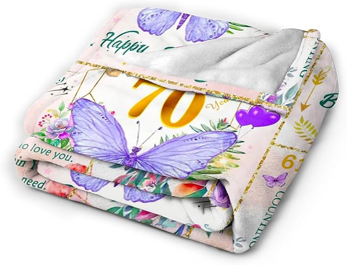 70th Birthday Gifts for Women, Super Soft Unique Fun Purple Butterfly Flower Blanket Gifts for Anniversary Christmas, 70th Birthday Decorations for Women, Cozy Warm Plush Fuzzy Fleece Blanket 60"x50"