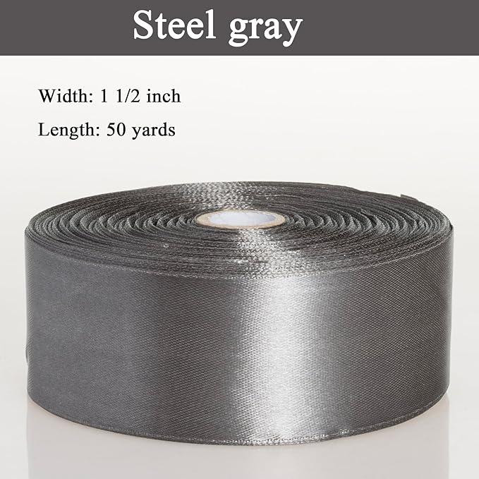 1 1/2 Inch Steel Gray Solid Satin Ribbon, 50 Yards Craft Fabric Ribbon for Gift Wrapping Floral Bouquets Wedding Party Decoration