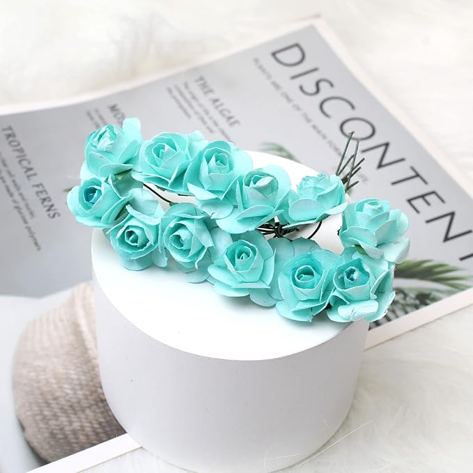 144pcs Mulberry Paper Mini Roses Artificial Flowers Heads with Stems for DIY Crafts Accessories Make Bridal Hair Clips Headbands Dress Wedding Bridal Bouquets Party Home Decor Valentine's (Mint Green)