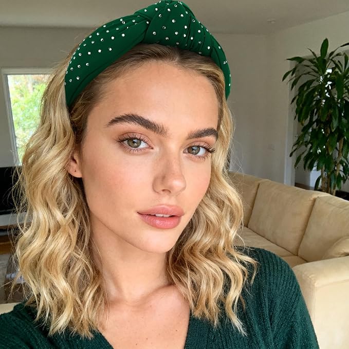 YISSION Green Rhinestone Knotted Headband for Women, Sparkly Crystal Embellished Hair Hoop, Elegant Wide Top Knot Hair Accessory for Party, Wedding, Daily Styling