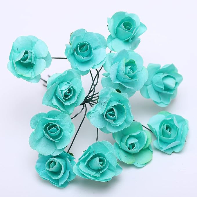 144pcs Mulberry Paper Mini Roses Artificial Flowers Heads with Stems for DIY Crafts Accessories Make Bridal Hair Clips Headbands Dress Wedding Bridal Bouquets Party Home Decor Valentine's (Mint Green)